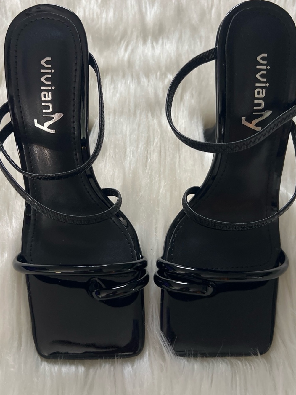 Vivianly Black Patent Square-Toe Strappy Heels